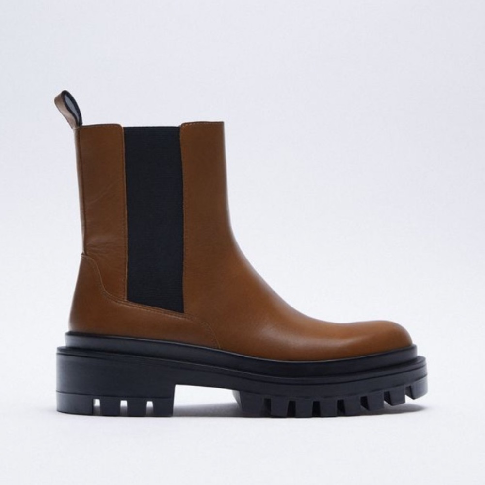 Zara tan black boots booties combat military platform 41 10 chunky Chelsea